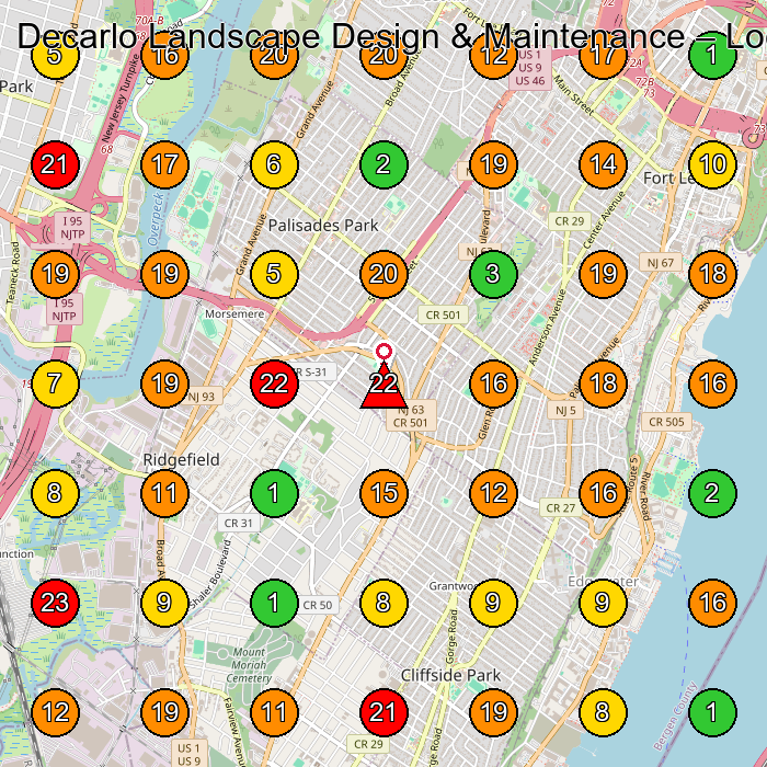 Decarlo Landscape Design & Maintenance Landscape Designer GeoGrid ranking map for Palisades Park NJ